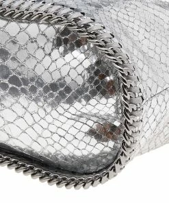 Best Pirce 👏 Stella McCartney Metallic Silver Faux Python Leather Falabella Bucket Bag For 👩 Women ✔️ -Stella McCartney Shop luxury women stella mccartney used handbags p608894 005