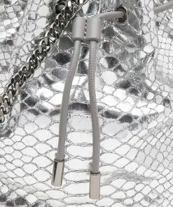 Best Pirce 👏 Stella McCartney Metallic Silver Faux Python Leather Falabella Bucket Bag For 👩 Women ✔️ -Stella McCartney Shop luxury women stella mccartney used handbags p608894 008