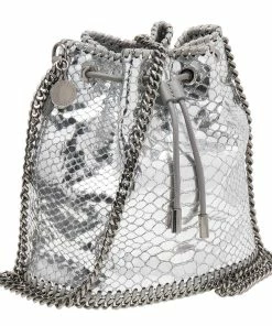 Best Pirce 👏 Stella McCartney Metallic Silver Faux Python Leather Falabella Bucket Bag For 👩 Women ✔️ -Stella McCartney Shop luxury women stella mccartney used handbags p608894 009