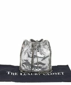 Best Pirce 👏 Stella McCartney Metallic Silver Faux Python Leather Falabella Bucket Bag For 👩 Women ✔️ -Stella McCartney Shop luxury women stella mccartney used handbags p608894 010