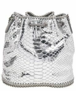 Best Pirce 👏 Stella McCartney Metallic Silver Faux Python Leather Falabella Bucket Bag For 👩 Women ✔️ -Stella McCartney Shop luxury women stella mccartney used handbags p608894 011