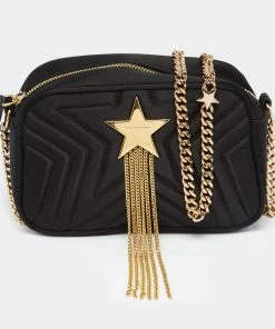Cheap 🎁 Stella McCartney Black Satin Stella Star Camera Crossbody Bag For 👩 Women 👏