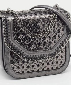 Best Pirce 👍 Stella McCartney Metallic Grey Woven Faux Leather Falabella Box Shoulder Bag For 👩 Women 🎁 -Stella McCartney Shop luxury women stella mccartney used handbags p638465 009