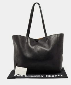 Budget ❤️ Stella McCartney Black Logo Perforated Faux Leather Tote For 👩 Women 🛒 -Stella McCartney Shop luxury women stella mccartney used handbags p647901 008