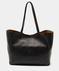 Budget ❤️ Stella McCartney Black Logo Perforated Faux Leather Tote For 👩 Women 🛒 -Stella McCartney Shop luxury women stella mccartney used handbags p647901 012