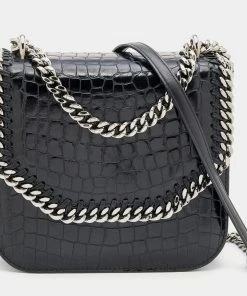 Budget 🛒 Stella McCartney Black Croc Embossed Faux Leather Medium Falabella Star Box Bag For 👩 Women 🤩