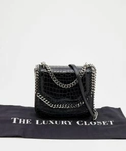 Budget 🛒 Stella McCartney Black Croc Embossed Faux Leather Medium Falabella Star Box Bag For 👩 Women 🤩 -Stella McCartney Shop luxury women stella mccartney used handbags p670742 013