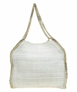 New ✔️ Stella McCartney Beige Woven Glitter Fabric Small Falabella Tote For 👩 Women 💯