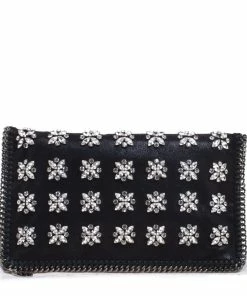 Cheap 👍 Stella McCartney Black Faux Leather Crystal Embellished Foldover Clutch For 👩 Women ⌛