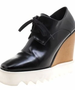 Brand new 😉 Stella McCartney Black Faux Leather Leana Wooden Wedge Lace-Up Oxfords Size 38 For 👩 Women 🛒