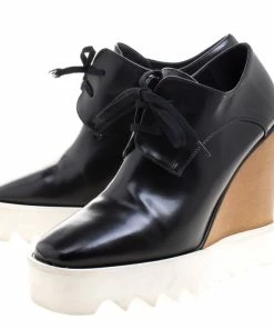 Brand new 😉 Stella McCartney Black Faux Leather Leana Wooden Wedge Lace-Up Oxfords Size 38 For 👩 Women 🛒 -Stella McCartney Shop luxury women stella mccartney used shoes p101732 0004