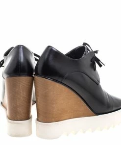 Brand new 😉 Stella McCartney Black Faux Leather Leana Wooden Wedge Lace-Up Oxfords Size 38 For 👩 Women 🛒 -Stella McCartney Shop luxury women stella mccartney used shoes p101732 0005