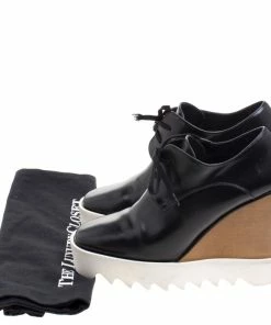 Brand new 😉 Stella McCartney Black Faux Leather Leana Wooden Wedge Lace-Up Oxfords Size 38 For 👩 Women 🛒 -Stella McCartney Shop luxury women stella mccartney used shoes p101732 0008