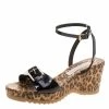 Coupon ✔️ Stella McCartney Black Faux Patent Leather Linda Leopard Print Cork Wedge 🩴 Sandals Size 38 For 👩 Women 😀 -Stella McCartney Shop luxury women stella mccartney used shoes p117031 0001