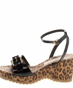Coupon ✔️ Stella McCartney Black Faux Patent Leather Linda Leopard Print Cork Wedge 🩴 Sandals Size 38 For 👩 Women 😀 -Stella McCartney Shop luxury women stella mccartney used shoes p117031 0002