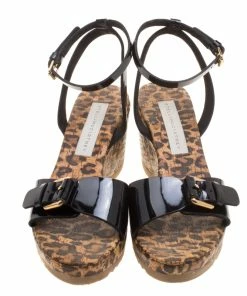 Coupon ✔️ Stella McCartney Black Faux Patent Leather Linda Leopard Print Cork Wedge 🩴 Sandals Size 38 For 👩 Women 😀 -Stella McCartney Shop luxury women stella mccartney used shoes p117031 0003