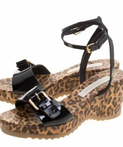 Coupon ✔️ Stella McCartney Black Faux Patent Leather Linda Leopard Print Cork Wedge 🩴 Sandals Size 38 For 👩 Women 😀 -Stella McCartney Shop luxury women stella mccartney used shoes p117031 0004