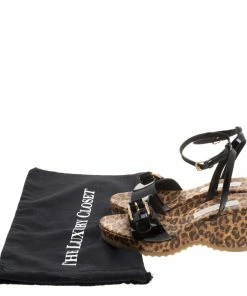 Coupon ✔️ Stella McCartney Black Faux Patent Leather Linda Leopard Print Cork Wedge 🩴 Sandals Size 38 For 👩 Women 😀 -Stella McCartney Shop luxury women stella mccartney used shoes p117031 0008