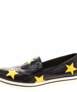 Budget ❤️ Stella McCartney Black Snake Effect Faux Leather With Yellow Star Appliqué Platform Slip On 👟 Sneakers Size 39 For 👩 Women 🔔