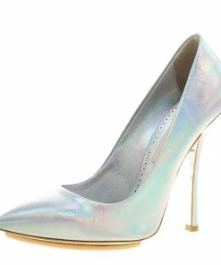 Best Pirce 🎉 Stella McCartney Metallic Silver Holographic Faux Leather Pointed Toe Pumps Size 39 For 👩 Women ❤️