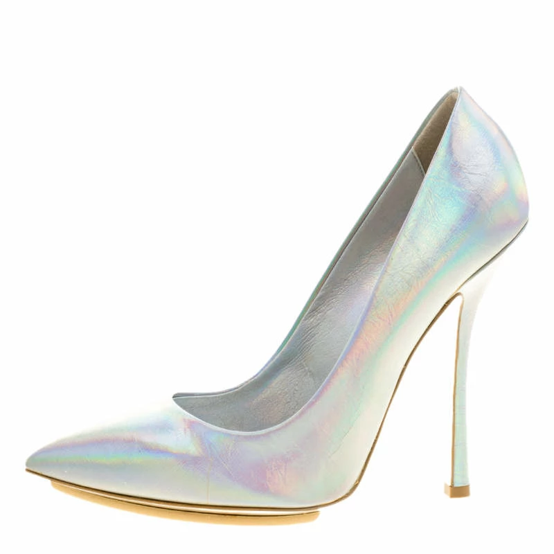 Best Pirce 🎉 Stella McCartney Metallic Silver Holographic Faux Leather Pointed Toe Pumps Size 39 For 👩 Women ❤️ 4 Best Pirce 🎉 Stella McCartney Metallic Silver Holographic Faux Leather Pointed Toe Pumps Size 39 For 👩 Women ❤️ - Image 2