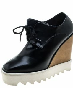 Cheapest 😉 Stella McCartney Black Faux Leather Leana Wooden Wedge Lace Up Derby Size 36 For 👩 Women 👏