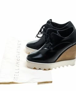 Cheapest 😉 Stella McCartney Black Faux Leather Leana Wooden Wedge Lace Up Derby Size 36 For 👩 Women 👏 -Stella McCartney Shop luxury women stella mccartney used shoes p144673 0008