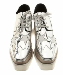 Brand new 🌟 Stella McCartney Metallic Silver Faux Leather Indium Elyse Star Platform Derby Size 38 For 👩 Women ⌛ -Stella McCartney Shop luxury women stella mccartney used shoes p153470 0003