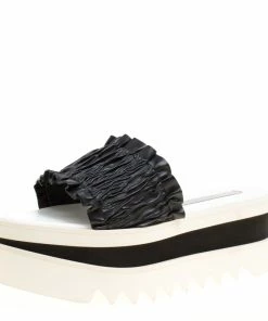Best Pirce ✨ Stella McCartney Black Ruffle Faux Leather Platform Slide 🩴 Sandals Size 38 For 👩 Women 🎁