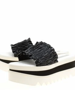 Best Pirce ✨ Stella McCartney Black Ruffle Faux Leather Platform Slide 🩴 Sandals Size 38 For 👩 Women 🎁 -Stella McCartney Shop luxury women stella mccartney used shoes p154518 0004