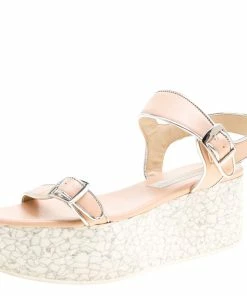 Outlet 🤩 Stella McCartney Beige/Silver Faux Leather Geena Marble Platform 🩴 Sandals Size 38 For 👩 Women 😍