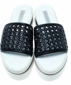 Best Pirce 🎉 Stella McCartney Black Faux Woven Leather Wicker Platform Slides Size 37 For 👩 Women 👏 -Stella McCartney Shop luxury women stella mccartney used shoes p163670 003