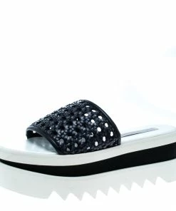 Best Pirce 🎉 Stella McCartney Black Faux Woven Leather Wicker Platform Slides Size 37 For 👩 Women 👏