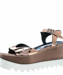 Deals 💯 Stella McCartney Bronze Faux Leather Indium Elyse Star Wedge 🩴 Sandals Size 36.5 For 👩 Women 🔔