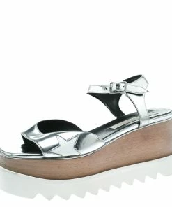 Best reviews of ❤️ Stella McCartney Silver Faux Leather Indium Elyse Star Wedge 🩴 Sandals Size 38 For 👩 Women ⌛