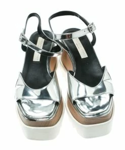 Best reviews of ❤️ Stella McCartney Silver Faux Leather Indium Elyse Star Wedge 🩴 Sandals Size 38 For 👩 Women ⌛ -Stella McCartney Shop luxury women stella mccartney used shoes p175444 006