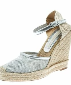 New 🔔 Stella McCartney Metallic Silver Fabric And Faux Leather Espadrille Wedge 🩴 Sandals Size 36 For 👩 Women ✔️
