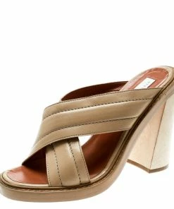 Flash Sale 🥰 Stella McCartney Beige Faux Leather Veneer CrissCross Slides 39 For 👩 Women ⌛