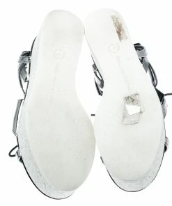 Coupon ✨ Stella McCartney Metallic Dull Silver Cut Out Faux Leather Hackney Printed Wedge Platform 🩴 Sandals Size 37 For 👩 Women 🥰 -Stella McCartney Shop luxury women stella mccartney used shoes p186359 001