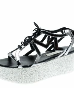 Coupon ✨ Stella McCartney Metallic Dull Silver Cut Out Faux Leather Hackney Printed Wedge Platform 🩴 Sandals Size 37 For 👩 Women 🥰