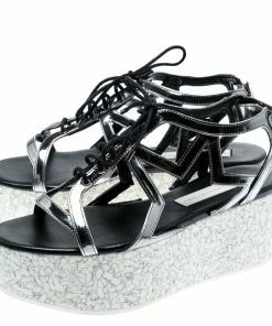 Coupon ✨ Stella McCartney Metallic Dull Silver Cut Out Faux Leather Hackney Printed Wedge Platform 🩴 Sandals Size 37 For 👩 Women 🥰 -Stella McCartney Shop luxury women stella mccartney used shoes p186359 007
