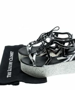 Coupon ✨ Stella McCartney Metallic Dull Silver Cut Out Faux Leather Hackney Printed Wedge Platform 🩴 Sandals Size 37 For 👩 Women 🥰 -Stella McCartney Shop luxury women stella mccartney used shoes p186359 008