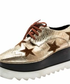 Budget ⌛ Stella McCartney Metallic Gold Python Effect Faux Leather And Faux Fur Elyse Star Platform Derby Size 38 For 👩 Women 💯