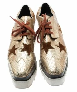 Budget ⌛ Stella McCartney Metallic Gold Python Effect Faux Leather And Faux Fur Elyse Star Platform Derby Size 38 For 👩 Women 💯 -Stella McCartney Shop luxury women stella mccartney used shoes p193835 006