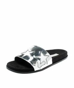 Top 10 🎉 Stella McCartney Metallic Silver/White Leather Star Flat Slides Size 38 For 👩 Women ✨