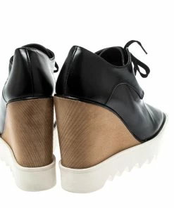 Budget ✨ Stella McCartney Black Faux Leather Leana Wooden Wedge Lace-Up Oxfords Size 39 For 👩 Women 😀 -Stella McCartney Shop luxury women stella mccartney used shoes p222850 004