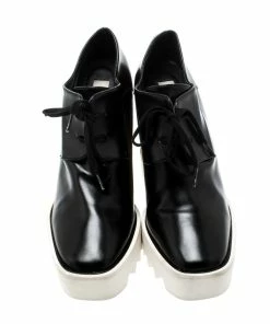 Budget ✨ Stella McCartney Black Faux Leather Leana Wooden Wedge Lace-Up Oxfords Size 39 For 👩 Women 😀 -Stella McCartney Shop luxury women stella mccartney used shoes p222850 005
