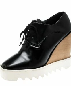 Budget ✨ Stella McCartney Black Faux Leather Leana Wooden Wedge Lace-Up Oxfords Size 39 For 👩 Women 😀