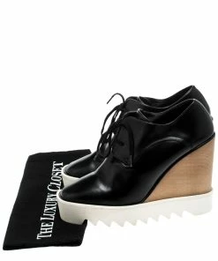 Budget ✨ Stella McCartney Black Faux Leather Leana Wooden Wedge Lace-Up Oxfords Size 39 For 👩 Women 😀 -Stella McCartney Shop luxury women stella mccartney used shoes p222850 010