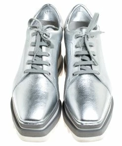 Coupon 👏 Stella McCartney Silver Metallic Faux Leather Elyse Platform Derby Size 38 For 👩 Women 🎁 -Stella McCartney Shop luxury women stella mccartney used shoes p240566 001